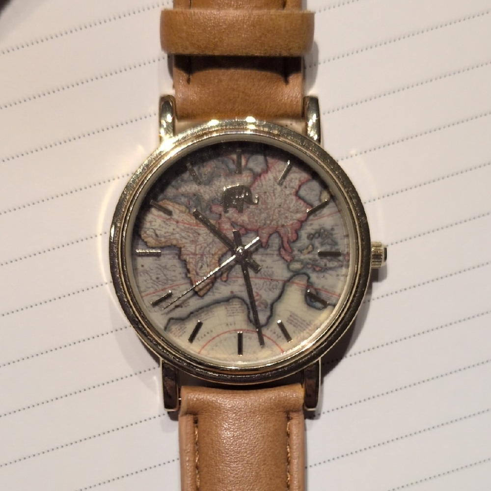 Francesca's Collections Tan Leather Map Dial Watch